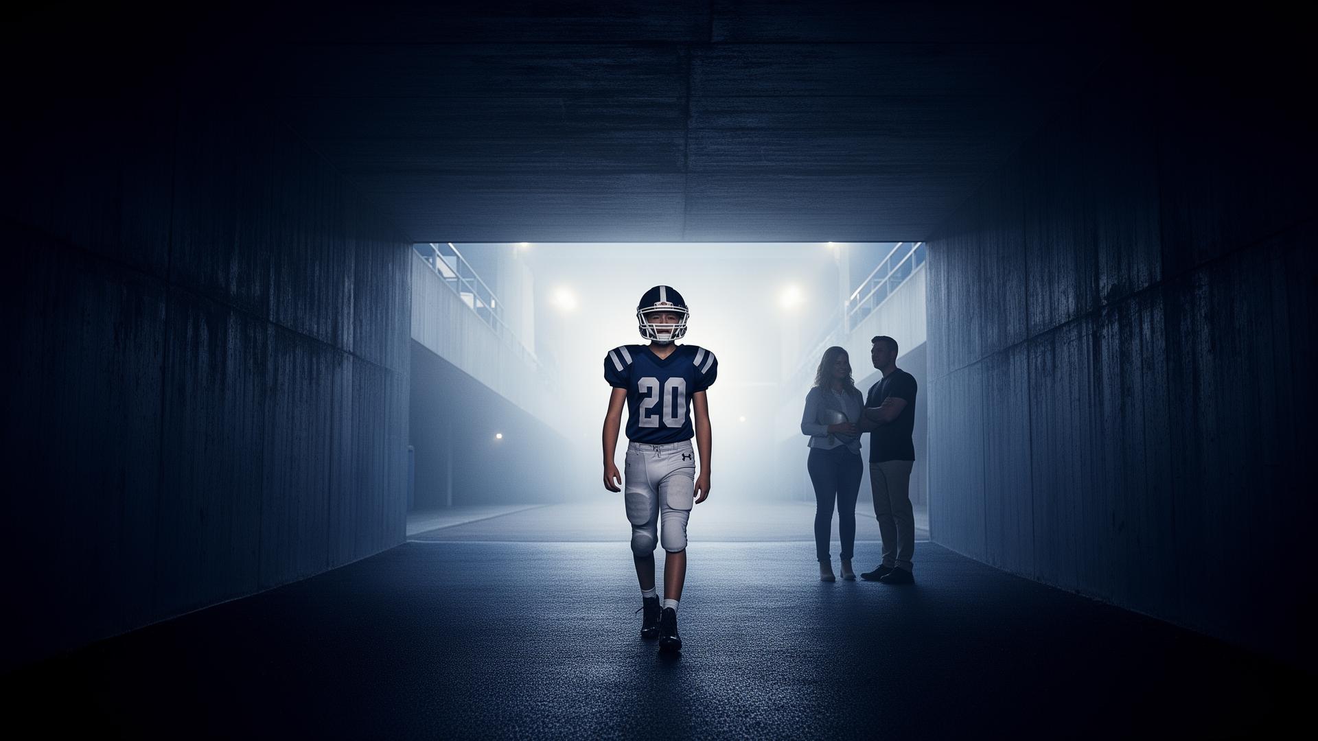 A young football player walking into a stadium tunnel with his parents nearby